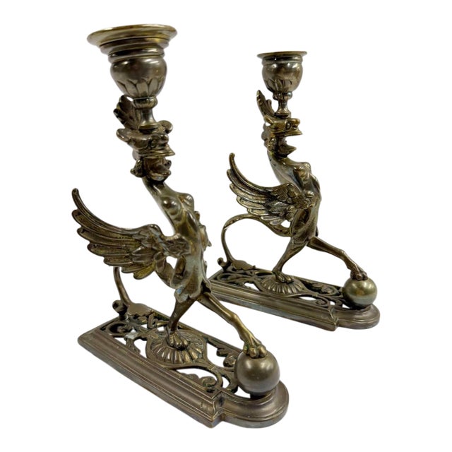 Early 19th Century Neo Classical Brass Chimera Candle Sticks For Sale