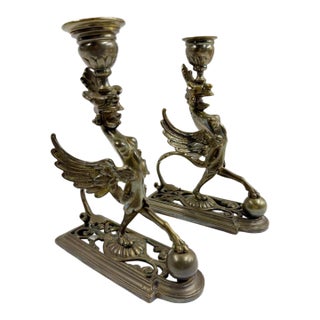 Early 19th Century Neo Classical Brass Chimera Candle Sticks/Dark and Moody Vibe For Sale