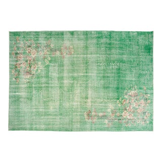 Vintage Turkish Area Rug, Hand-Knotted Floral Oushak Carpet, Vibrant Green Decorative Wool and Cotton Blend Rug for Living Room For Sale