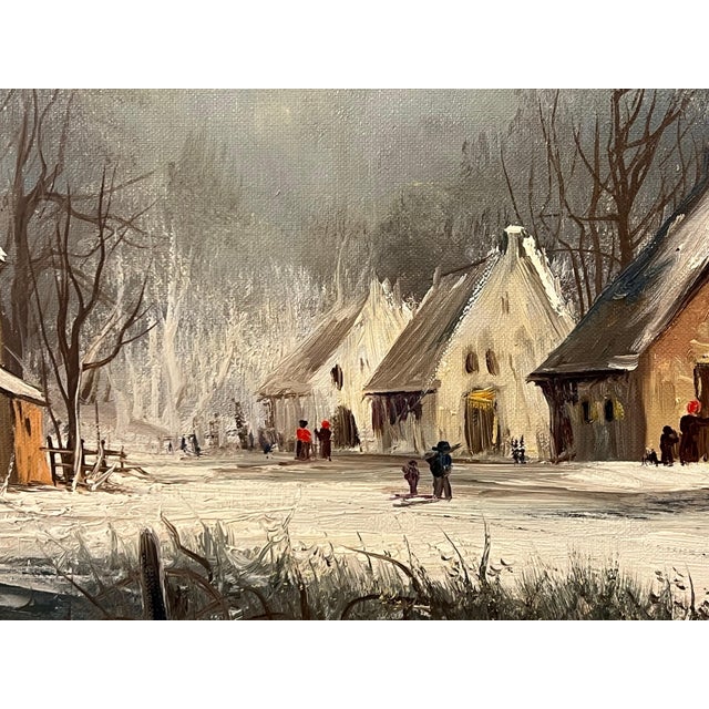 Late 20th Century European Village in Winter Snow with Figures & Frozen Pond by German Artist 1972 For Sale - Image 5 of 18