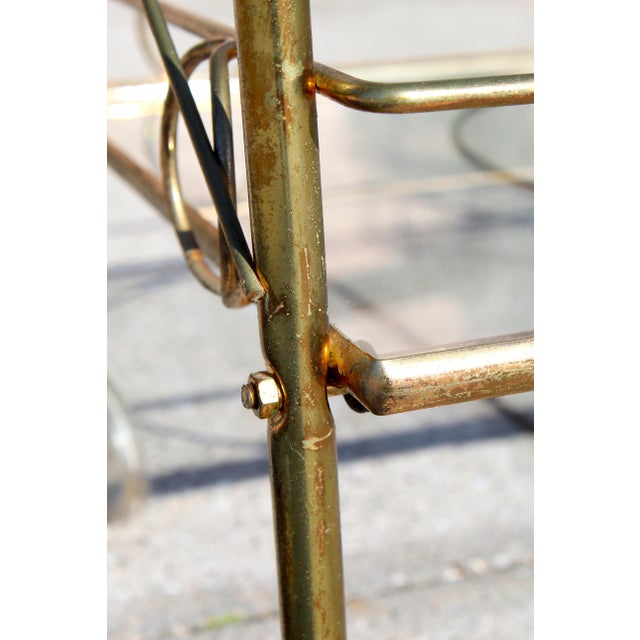 Mid-Century Modern Brass & Glass Bar Cart With Blue & Gold Medallion Top | Hollywood Regency For Sale - Image 16 of 18