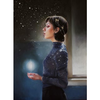 Nightfall by Sara Scribner | Oil on Aluminum Portrait of a woman holding a glowing light. For Sale