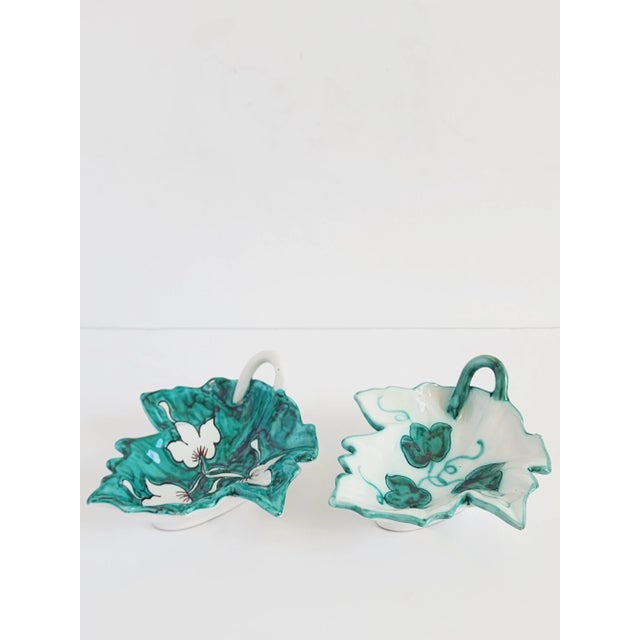 1960s Vintage Italian Handpainted Ceramic Leaf Dishes-A Pair For Sale - Image 5 of 12