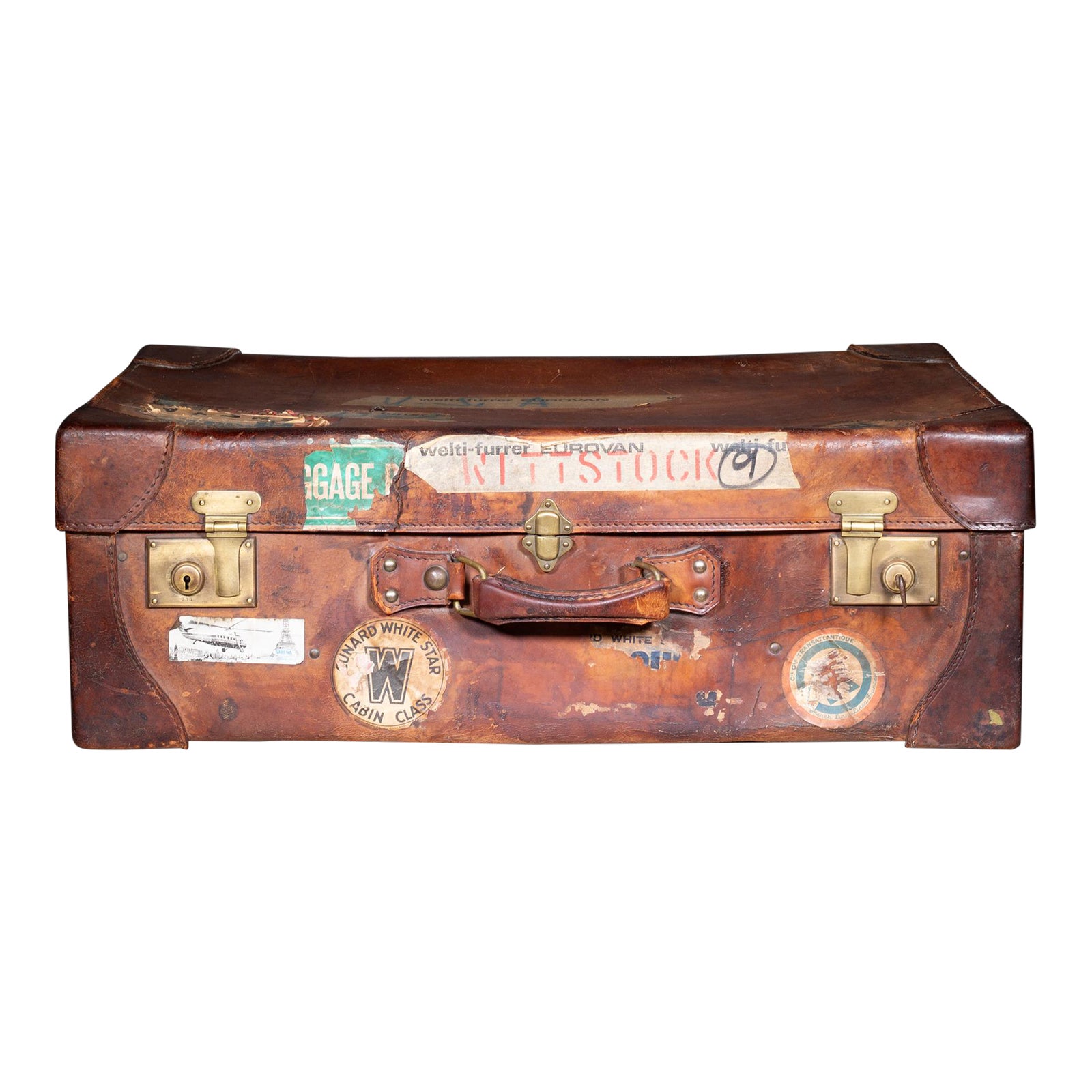 Antique Large Leather Suitcase With Original Travel Stickers c