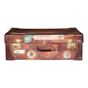 Antique Large Leather Suitcase With Original Travel Stickers c.1920