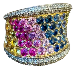 Natural Multi sapphire Blue, Pink Yellow Green Sapphire & Dia ring in 14k Gold