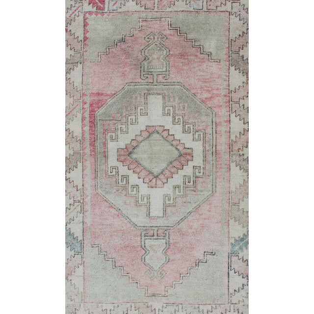 Pink, Light Green, and Ivory Vintage Rug With Flower Medallion Pattern For Sale In Atlanta - Image 6 of 11