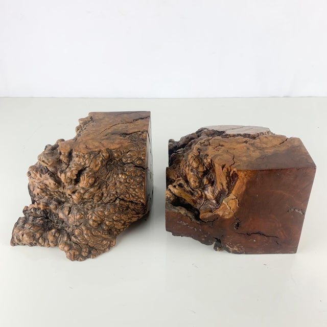 Large Vintage Pair Unique Burl Wood Carved Sculptural Book Ends Mid Century MCM For Sale - Image 9 of 12
