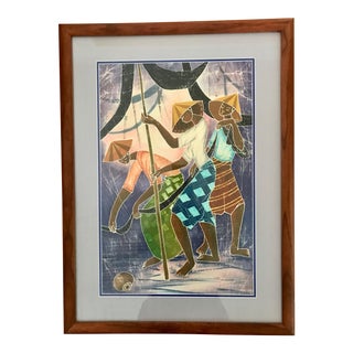 Vintage Original Tropical Batik Women Dying Cloth in Koa Frame For Sale