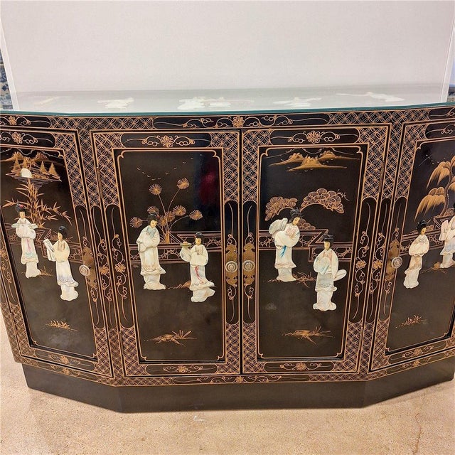 Black Vintage Chinoiserie Black Lacquer Mother-of-Pearl Four-Door Sideboard For Sale - Image 8 of 12