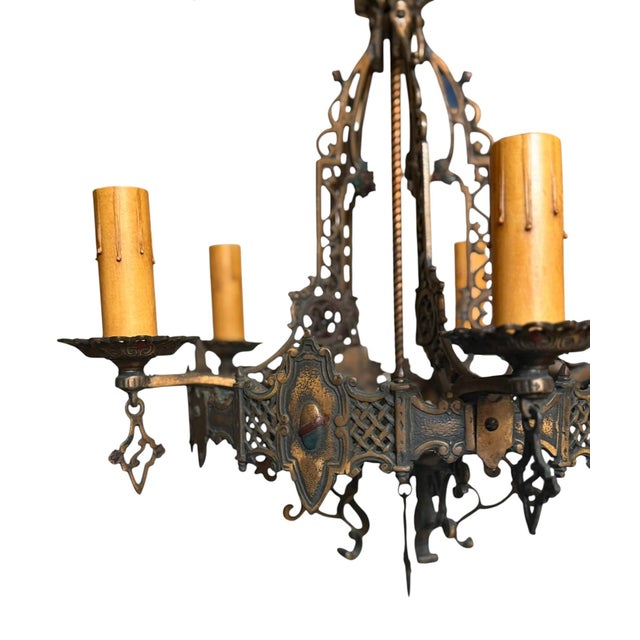 Antique Spanish Revival 5 Light Chandelier With Original Polychrome Paint For Sale - Image 13 of 13