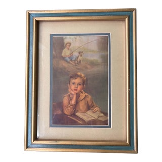 Vintage “Daydreams of Summer” Framed Lithograph – Mid-Century Child Portrait in Teal & Gilt Frame For Sale