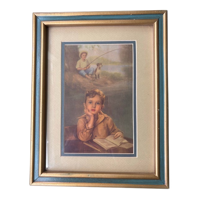 Vintage “Daydreams of Summer” Framed Lithograph – Mid-Century Child Portrait in Teal & Gilt Frame For Sale