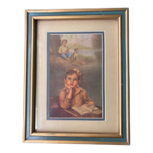 Vintage “Daydreams of Summer” Framed Lithograph – Mid-Century Child Portrait in Teal & Gilt Frame