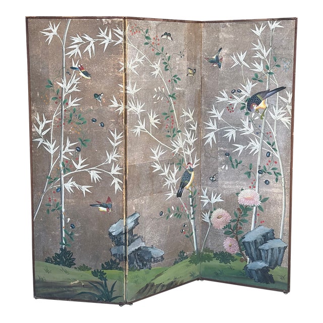 Antique Hand-Painted Japanese Four-Panel Screen With Birds and Bamboo Motif For Sale