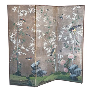 Antique Hand-Painted Japanese Three-Panel Screen With Birds and Bamboo Motif For Sale
