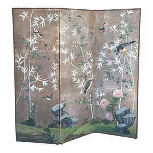 Antique Hand-Painted Japanese Three-Panel Screen With Birds and Bamboo Motif