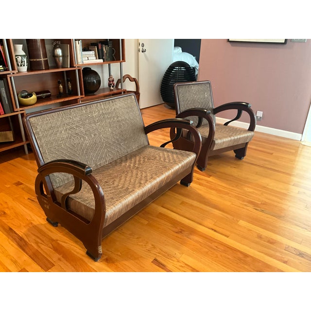 Imported Rare Teak Art Deco Loveseat & Chair Wood Frame Rattan Teardrop Arms An Art Deco teak and rattan loveseat is a...