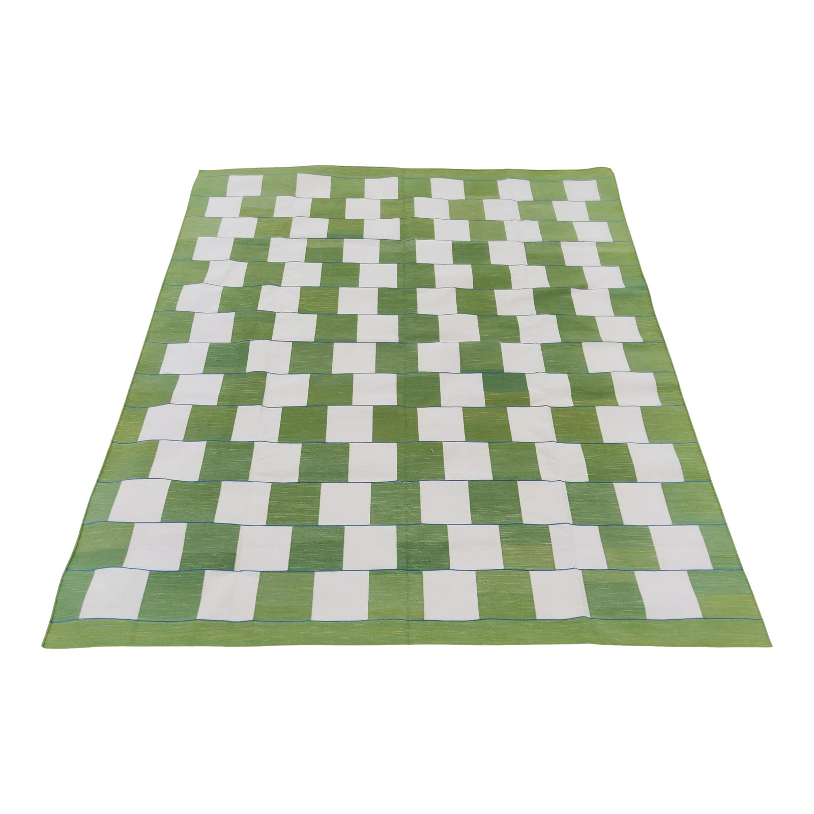 Handmade Cotton Vegetable Dyed Moss Green and White Striped Block Rug 8 ...