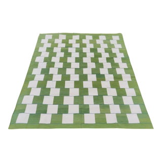 Handmade Cotton Vegetable Dyed Moss Green and White Striped Block Rug 8'x10' For Sale