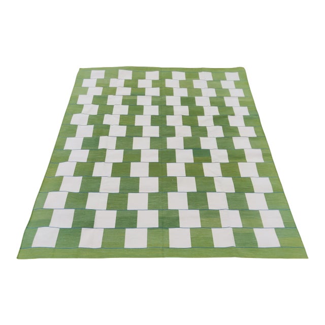 Handmade Cotton Vegetable Dyed Moss Green and White Striped Block Rug 8'x10' For Sale