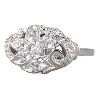 Vintage Ornate Floral Diamond Ring 14k White Gold Size 7.75 For Sale