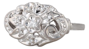Vintage Ornate Floral Diamond Ring 14k White Gold Size 7.75