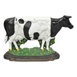 Antique Black and White Dairy Cow Cast Iron Painted Large Figural Door Stop For Sale