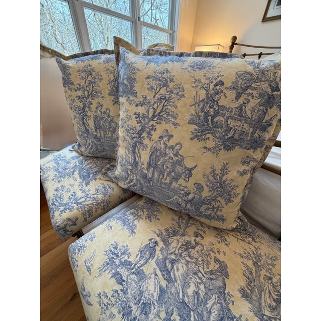 A Pair of Painted Campaign Style X-Base Ottomans Footstools in Butter Yellow and Blue Toile For Sale - Image 17 of 17