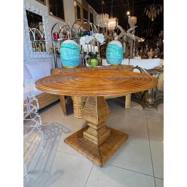 Vintage 1970s Vivai De Sud Italian, Made in Italy pencil reed, bamboo pedestal rattan dining table, game table or center...