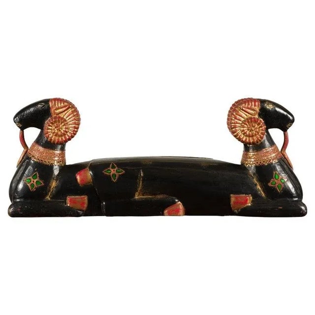 Vintage Northern Thai Double Ram Painted Sculpture with Gilt & Jewelry Motifs For Sale - Image 13 of 13