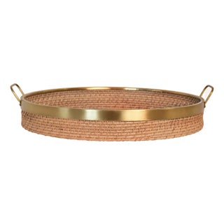 Matthew Izzo Home Babs 18" Natural Rattan & Brass Serving Tray For Sale