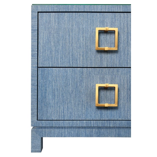 Worlds Away Matthew Izzo Home Cole Light Blue Dyed Grasscloth Two Drawer Side Table/Nightstand With Glass Top and Large Satin Brass Square Hardware For Sale - Image 4 of 10