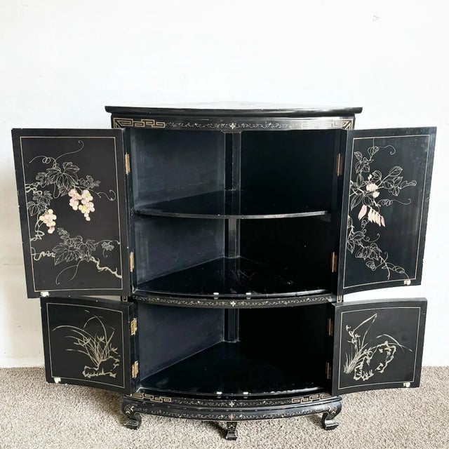Chinese Black Lacquered and Hand Painted Demi Lune Cabinet For Sale - Image 4 of 10