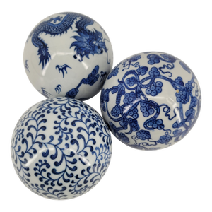 Vintage Chinoiserie Blue & White Porcelain Decorative Orbs, Set of 3