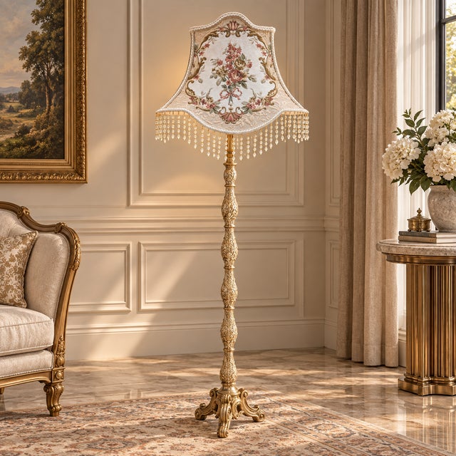 French French-Style Gilded Floor Lamp – Ornate Gold Leaf Stand With Floral Embroidered Shade & Crystal Fringe For Sale - Image 3 of 3