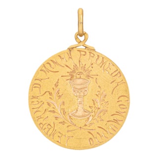 Antique Portuguese Medallion 19k Yellow Gold 1st Communion Religious Charm For Sale