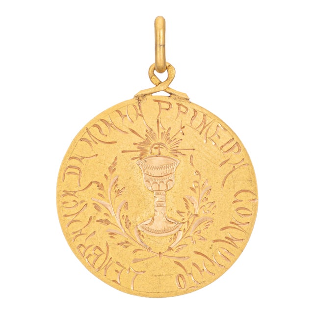 Antique Portuguese Medallion 19k Yellow Gold 1st Communion Religious Charm For Sale