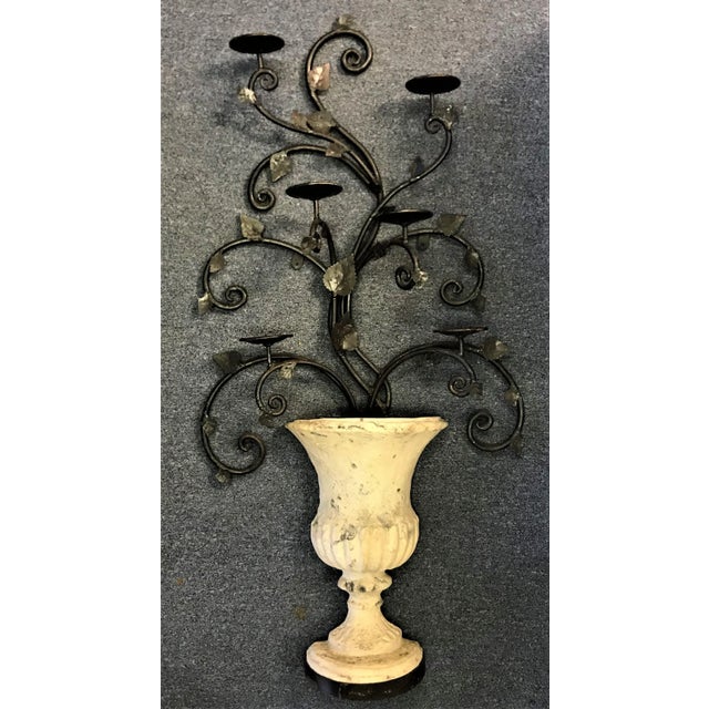 Stone Wall Urn With Iron Candelabra For Sale In West Palm - Image 6 of 13