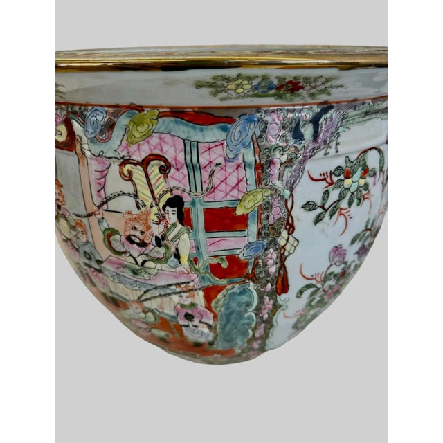 Large Hand-Painted Vintage Chinese Famille Rose Fishbowl Planter With Stand For Sale - Image 9 of 11