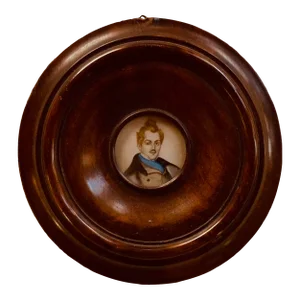 Early American Federal Portrait Miniature, Gentleman in Cobalt Blue Scarf, Original Roundel Frame Circa 1830
