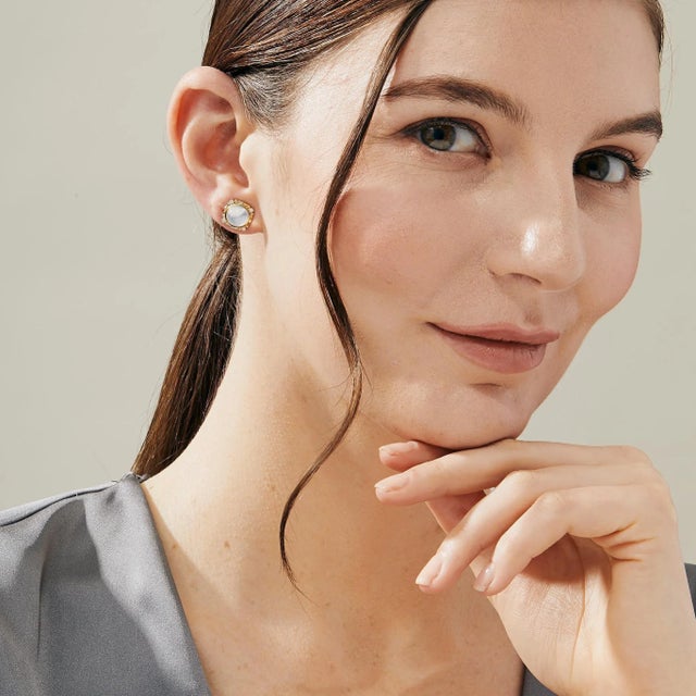 Contemporary Syna Yellow Gold Moon Quartz Mogul Earrings with Diamonds, a Pair For Sale - Image 3 of 4