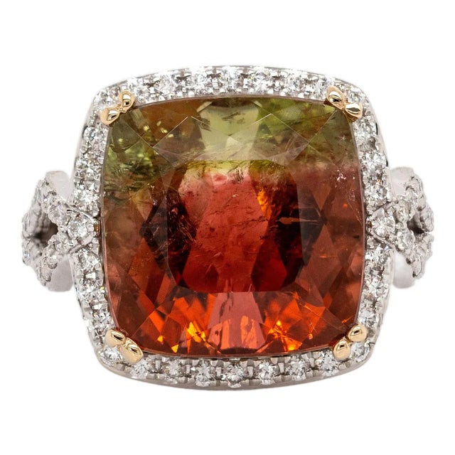 11cts Bi-Color Tourmaline Ring With Natural Diamond Halo in 14k Solid Dual Gold For Sale