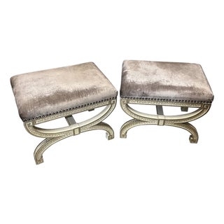 Pair of Vintage Purple Velvet and Wooden Ottomans For Sale