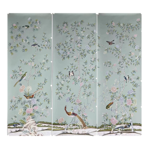 Sage Green Chinoiserie Mural | 3-Panel Hand-Painted Floral & Bird Wallpaper