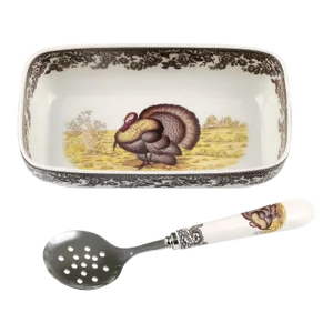 Spode Woodland Turkey Cranberry Dish with Slotted Spoon - 2 Pieces