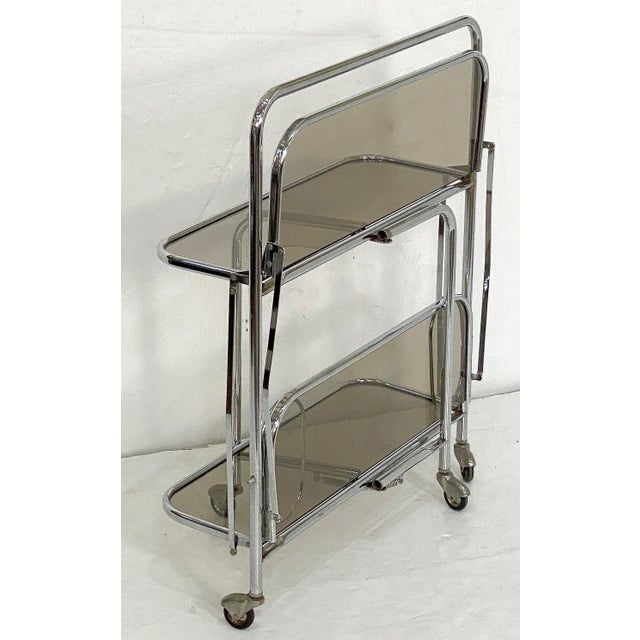 Art Deco Collapsible Rolling Cart or Drinks Trolley of Chrome and Smoked Glass For Sale - Image 12 of 12