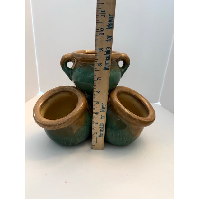 Vintage Drip Glaze Triple Planter, Green & Ochre Ceramic, Mid-Century Organic Modern Accent For Sale In Indianapolis - Image 6 of 9