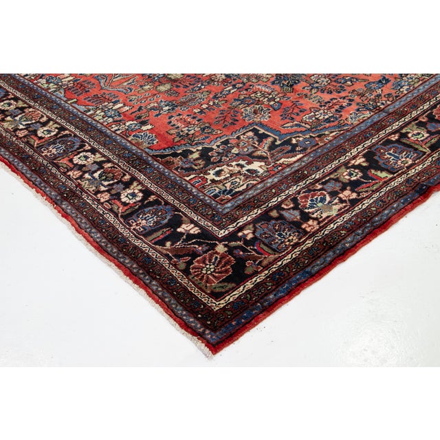 Vintage Handcrafter Hamadan Persian Wool Rug in Red With Floral Design For Sale - Image 4 of 10