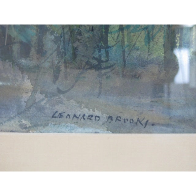 Frank Leonard Brooks (Canada, 1911 - 2011) watercolor painting, showing a dog and human figure amongst tall sunflowers....